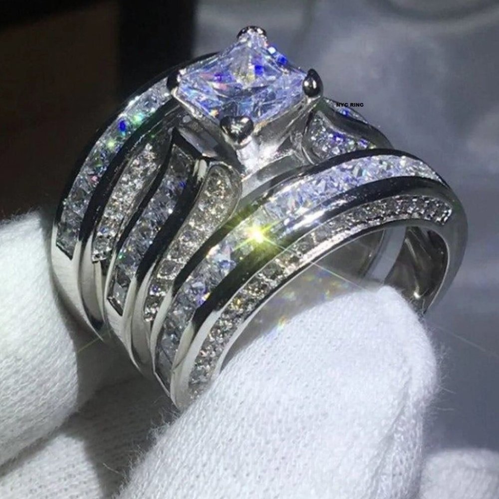 MULTI-LEVEL SILVER DIAMOND BRIDAL RING - Picture 2 of 4
